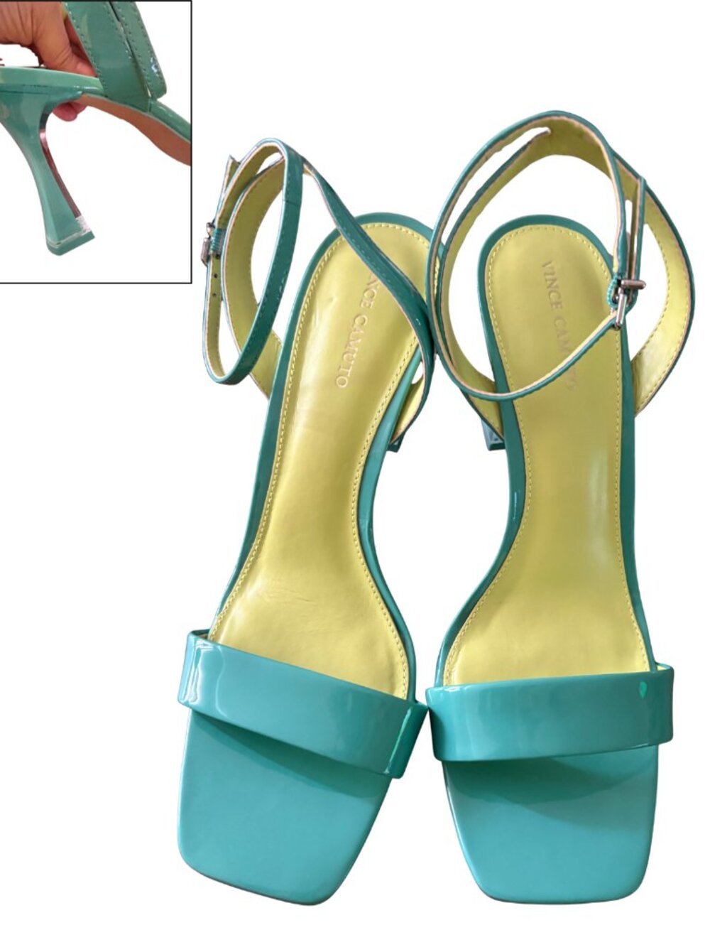 Vince Camuto Rabene Sandals 10M Teal Patent Ankle Strap High Heels